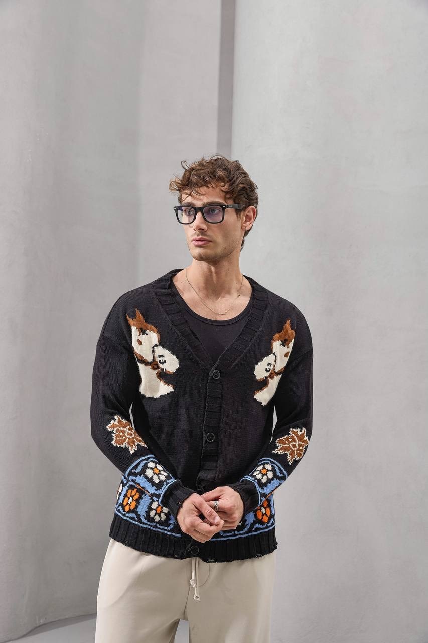 Retro Fox Embroidered Knit Cardigan – Playful Vintage Streetwear