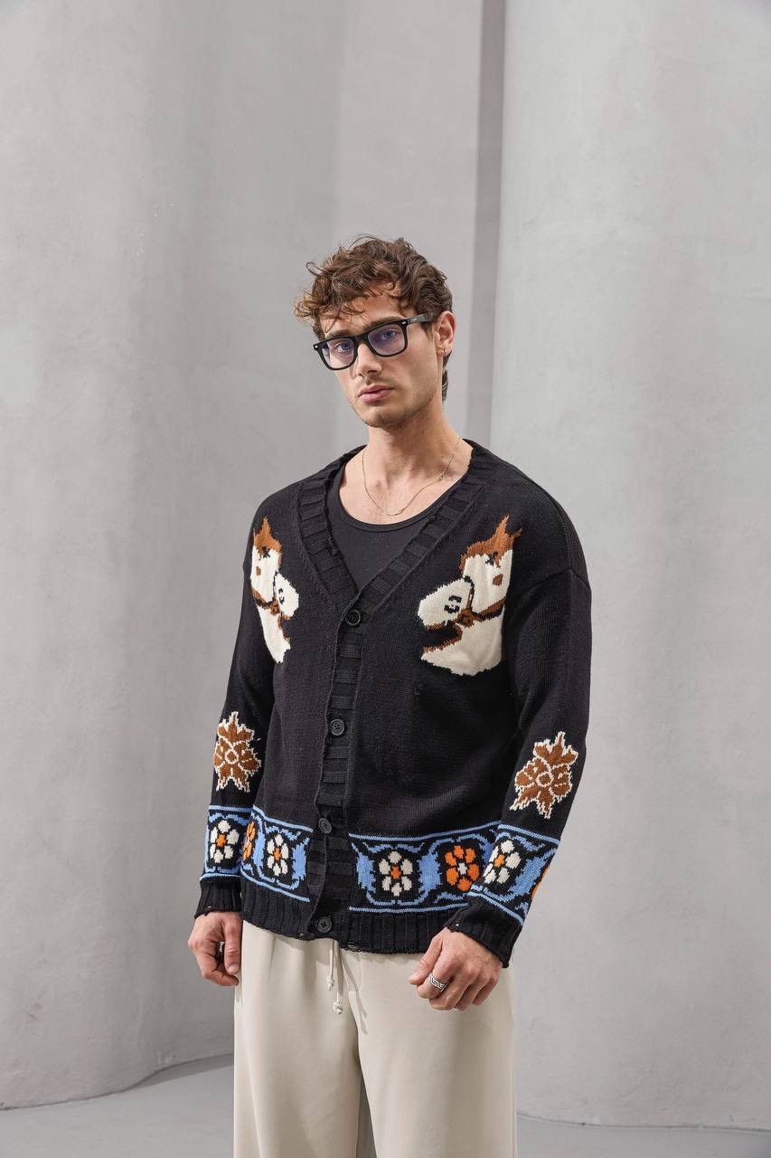 Retro Fox Embroidered Knit Cardigan – Playful Vintage Streetwear