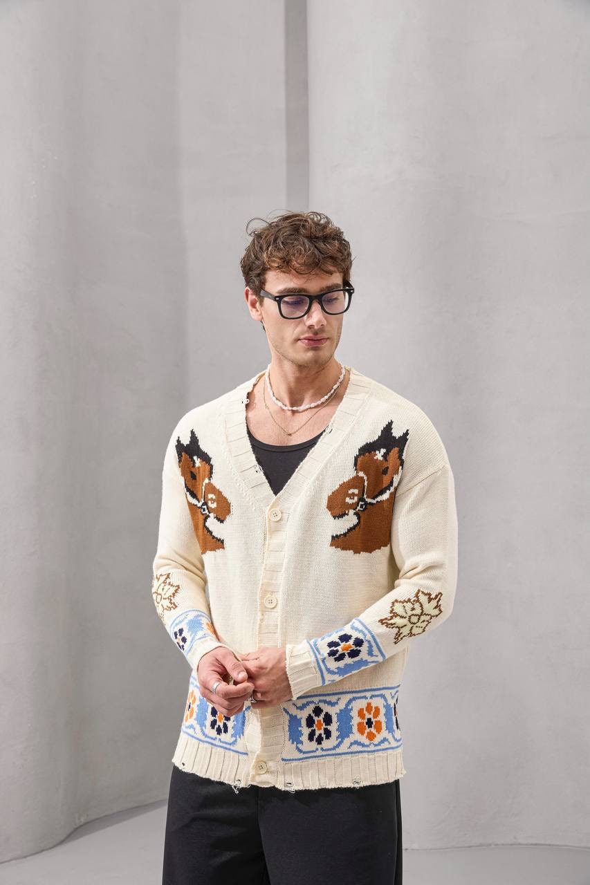 Retro Fox Embroidered Knit Cardigan – Playful Vintage Streetwear