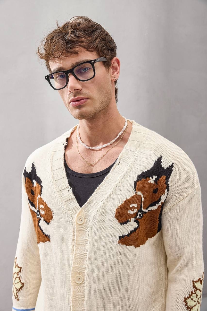 Retro Fox Embroidered Knit Cardigan – Playful Vintage Streetwear