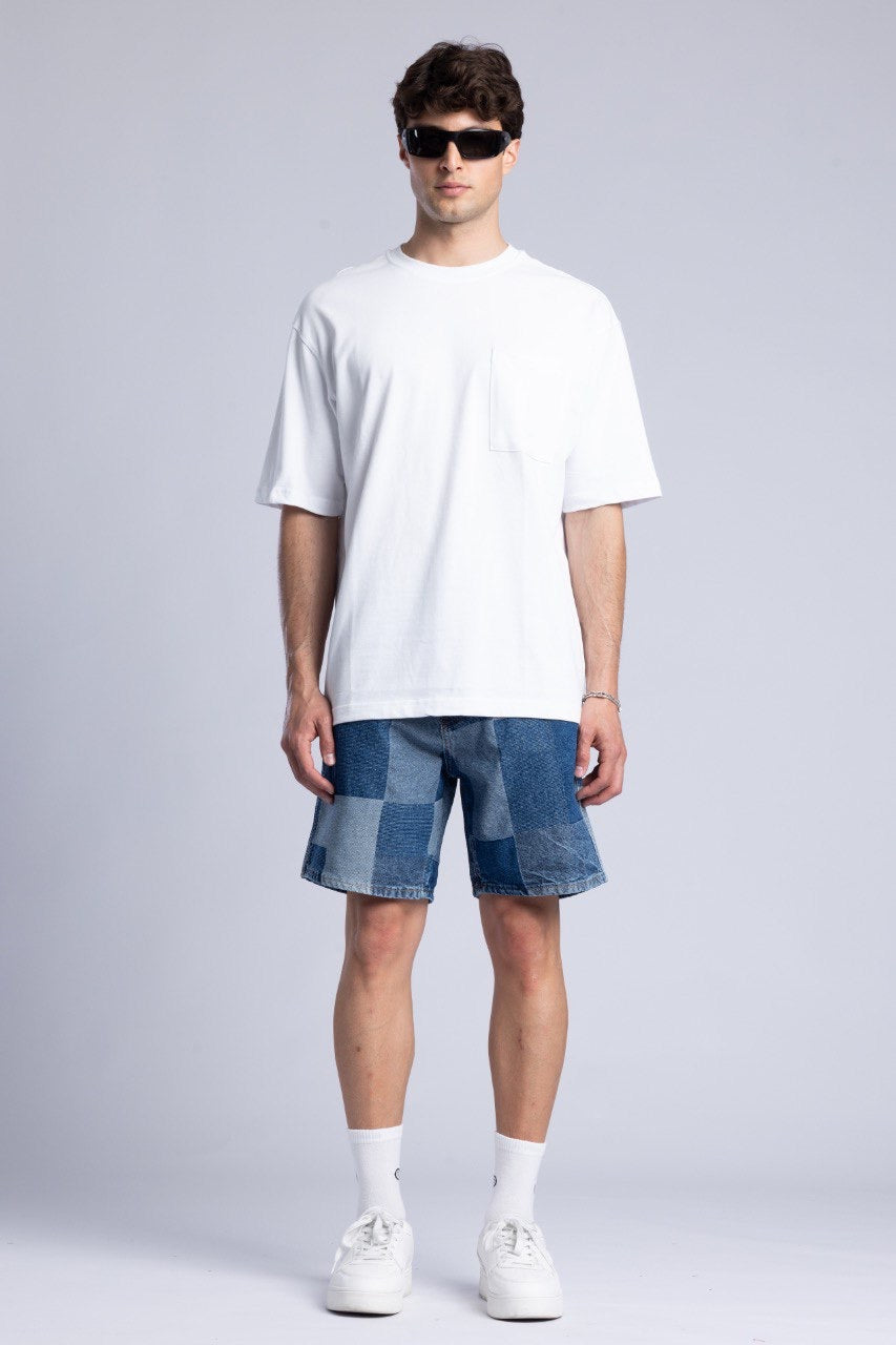 Men's White T-Shirt with Patchwork Denim Shorts
