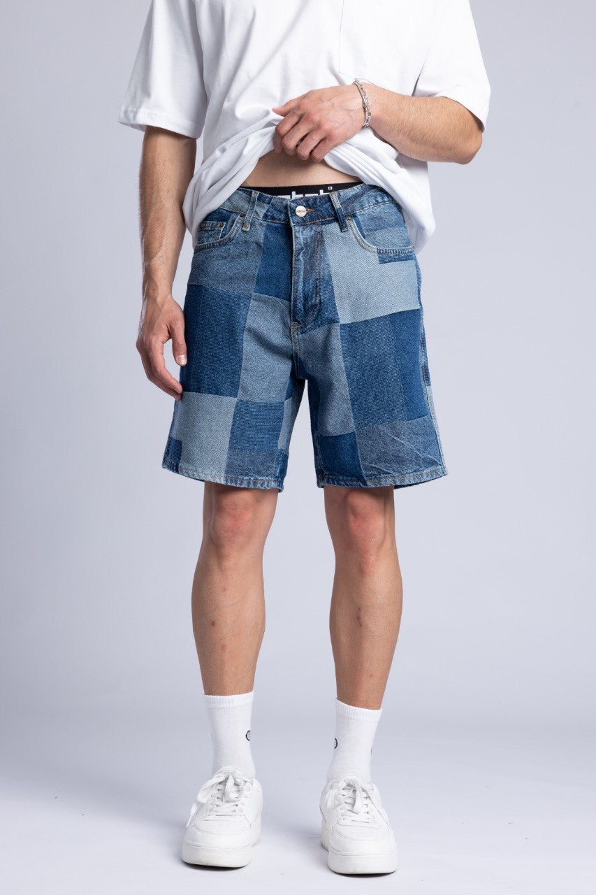 Men's White T-Shirt with Patchwork Denim Shorts
