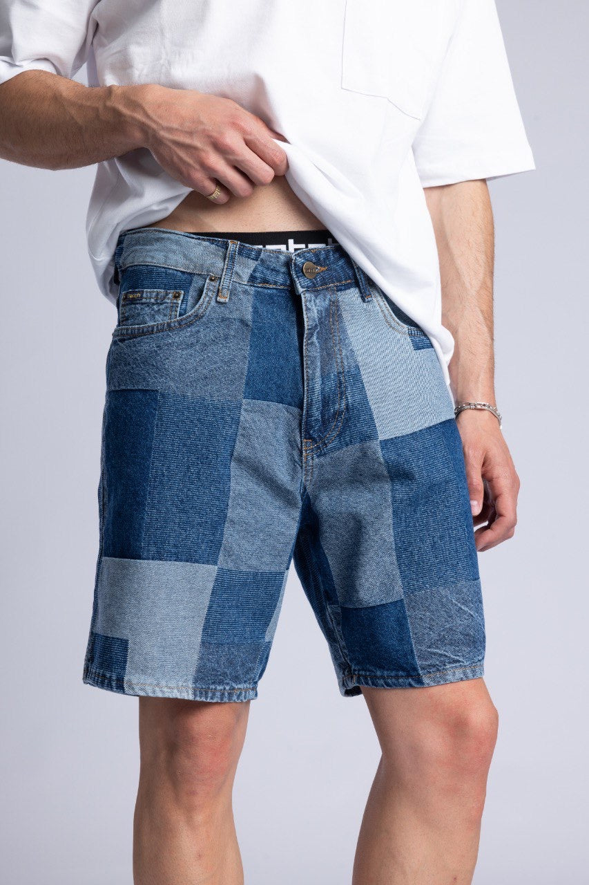 Men's White T-Shirt with Patchwork Denim Shorts