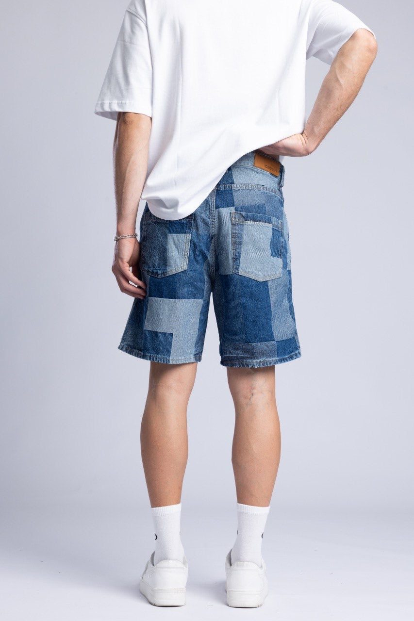 Men's White T-Shirt with Patchwork Denim Shorts