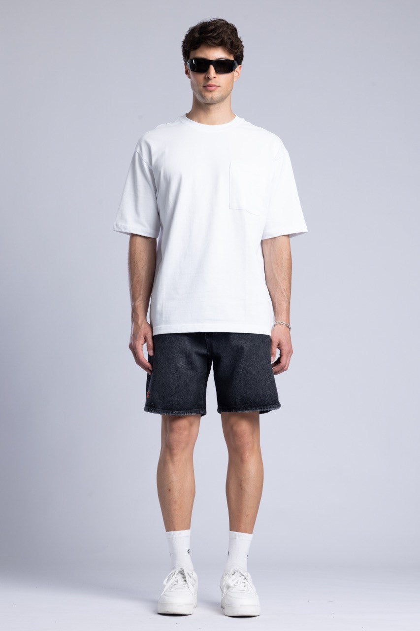 Men's White T-Shirt with Black Denim Shorts