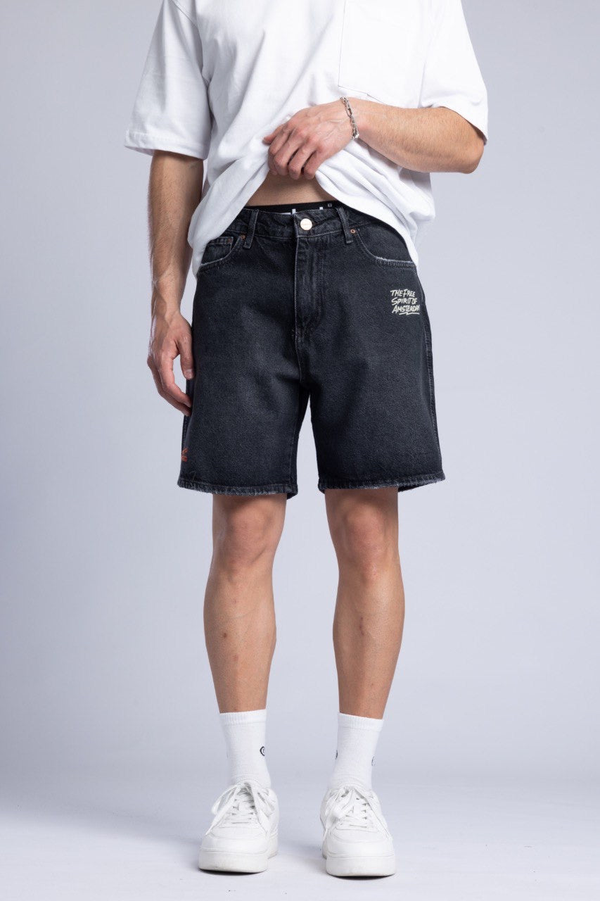 Men's White T-Shirt with Black Denim Shorts