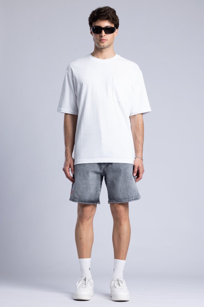 Men's White T-Shirt with Grey Denim Shorts