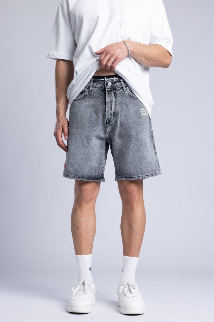 Men's White T-Shirt with Grey Denim Shorts