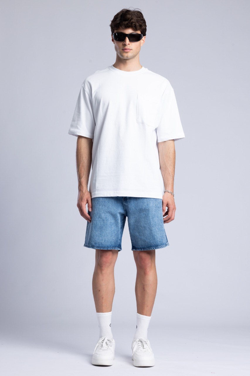 Men's White T-Shirt with Blue Denim Shorts