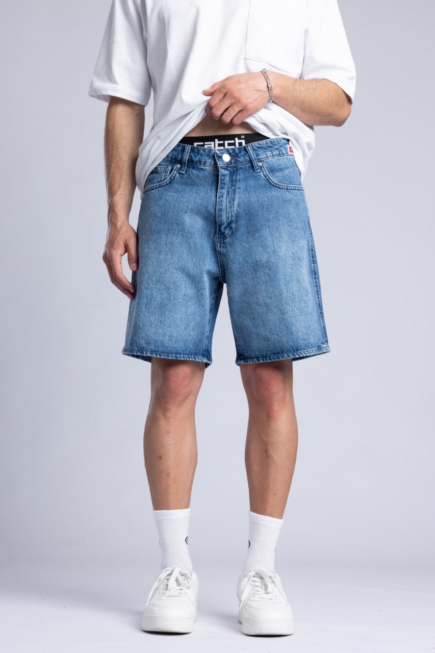 Men's White T-Shirt with Blue Denim Shorts