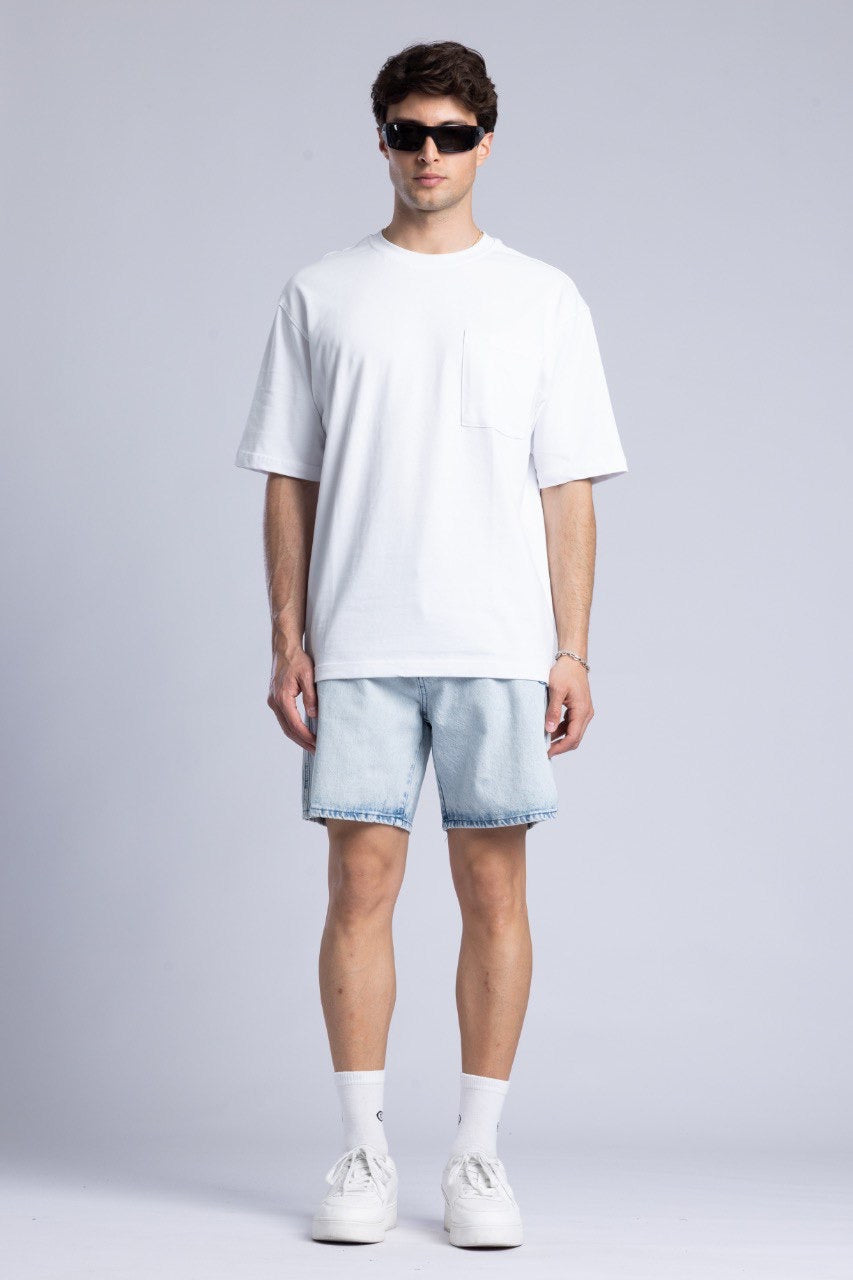 Men's White T-Shirt with Light Blue Denim Shorts