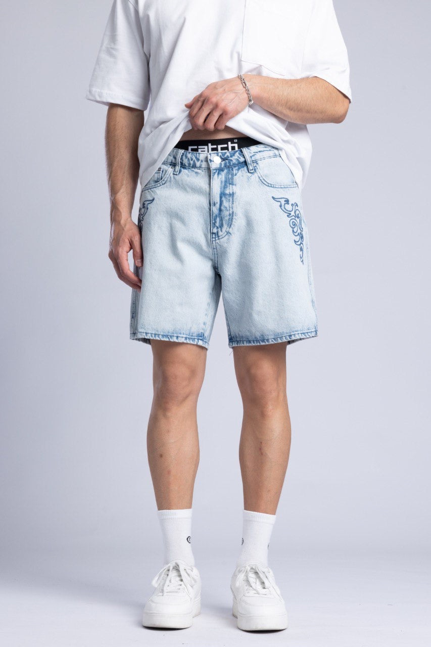 Men's White T-Shirt with Light Blue Denim Shorts