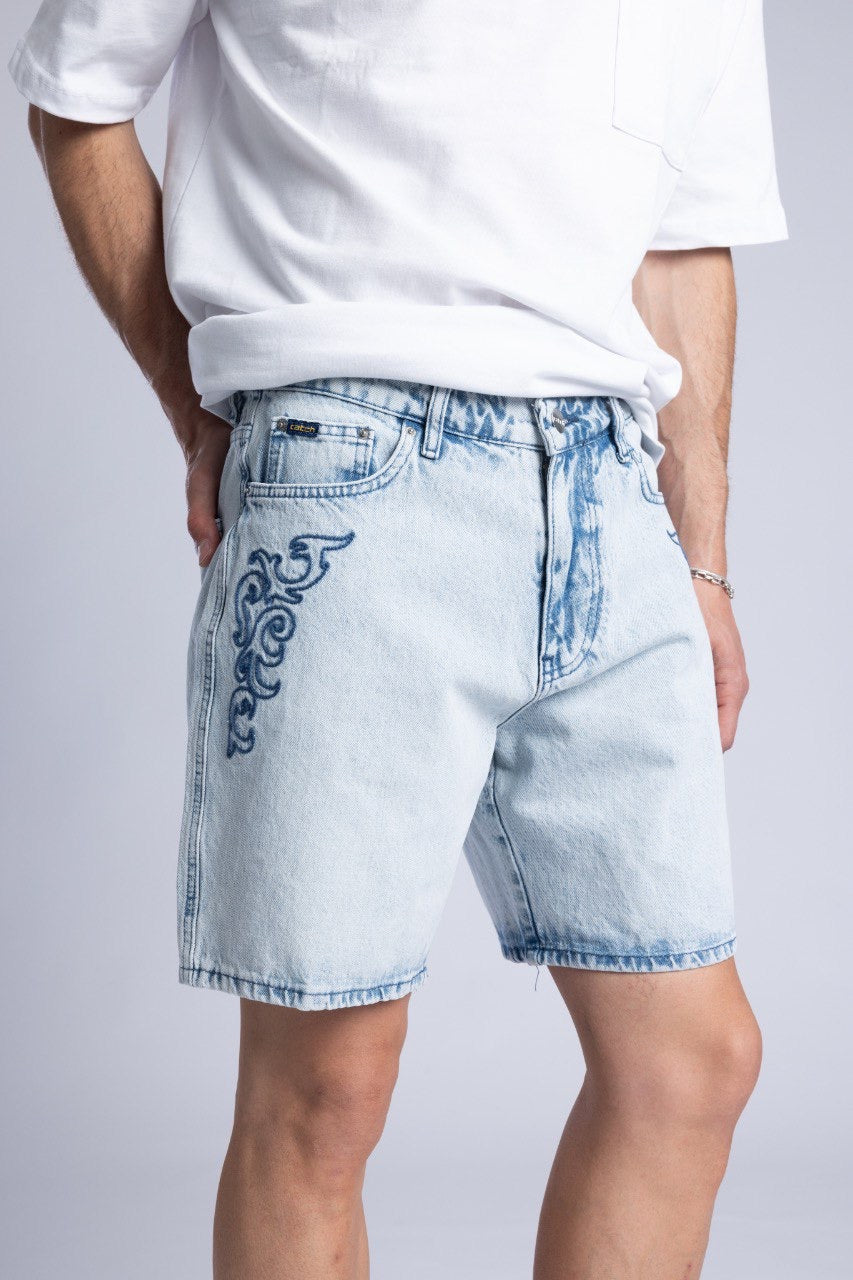 Men's White T-Shirt with Light Blue Denim Shorts