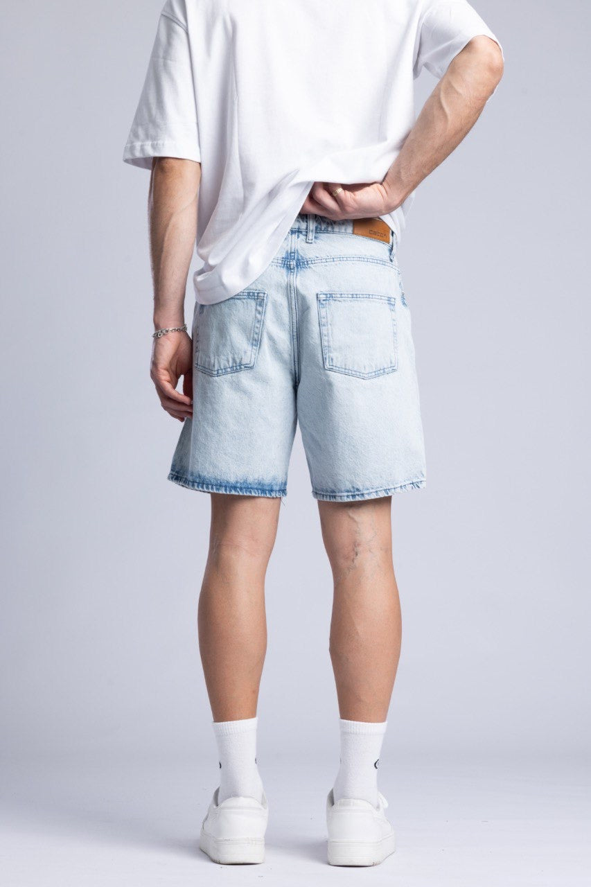 Men's White T-Shirt with Light Blue Denim Shorts