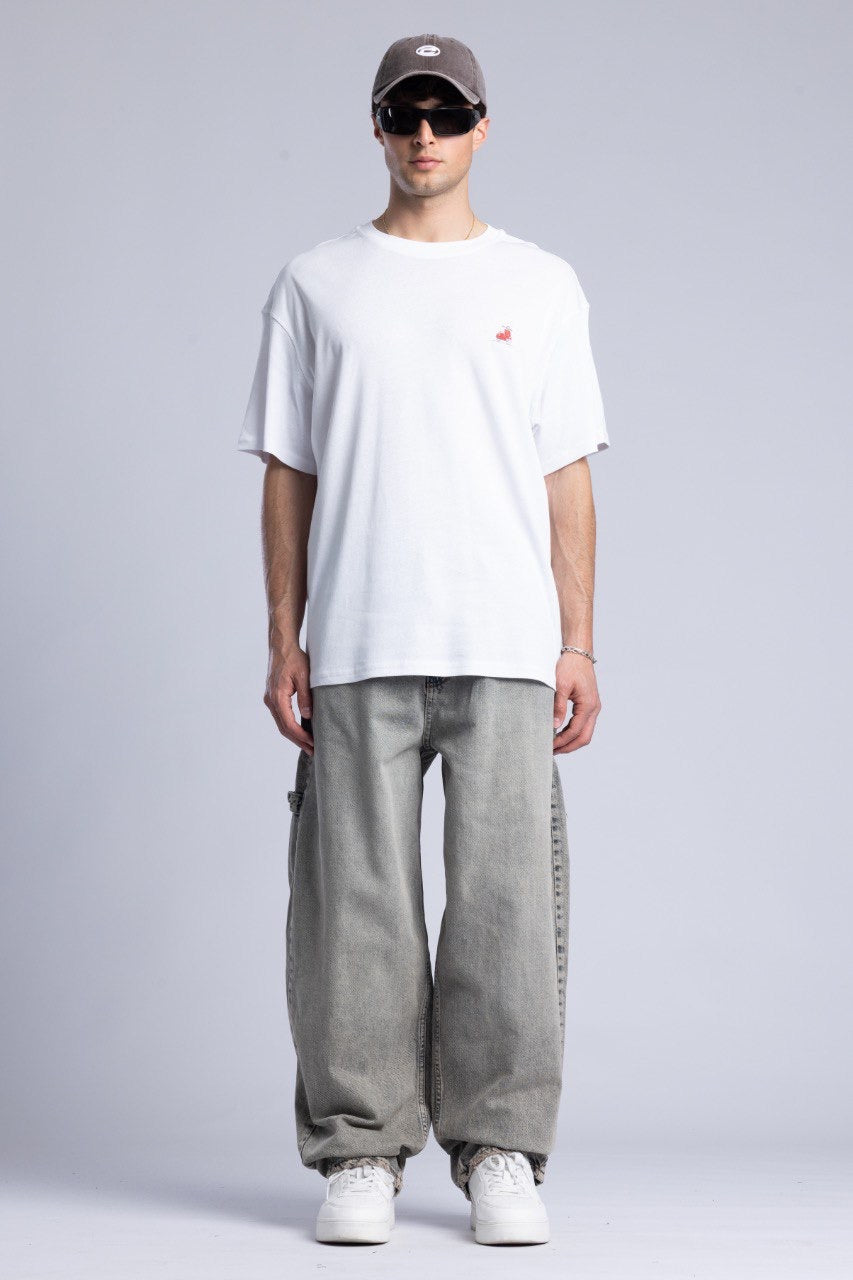 White Graphic T-Shirt with Cargo Grey Denim Pants