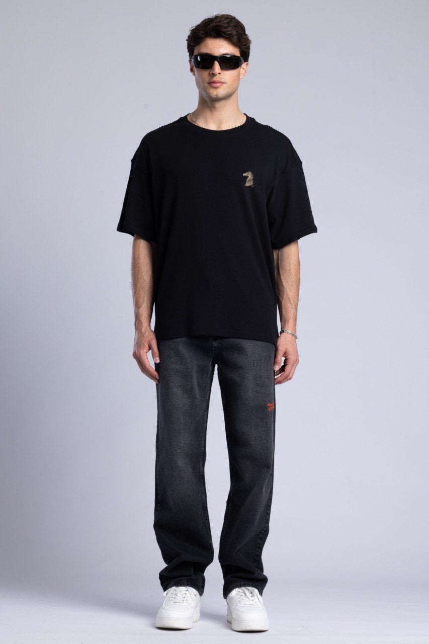 Black Graphic T-Shirt with Dark Denim Jeans