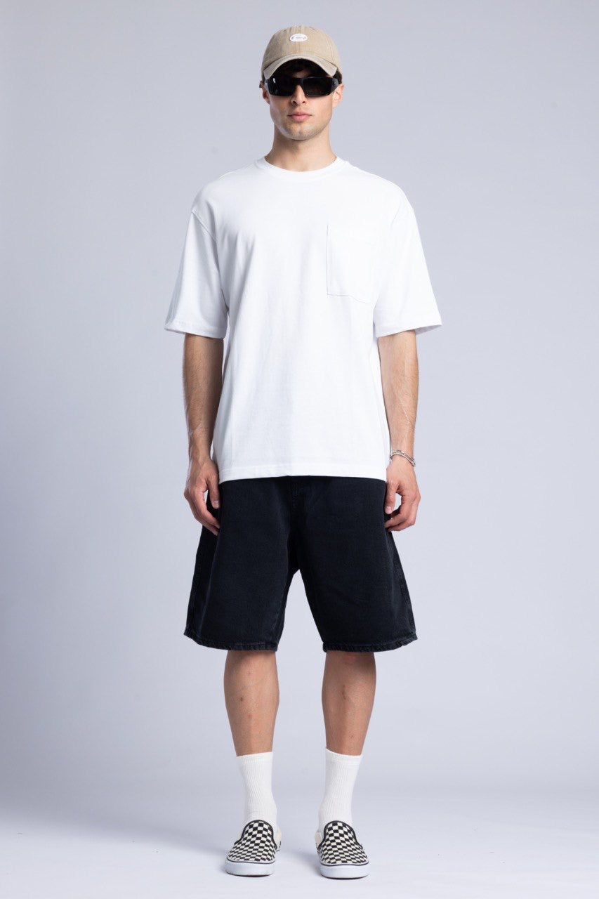 White Pocket T-Shirt with Black Denim Shorts