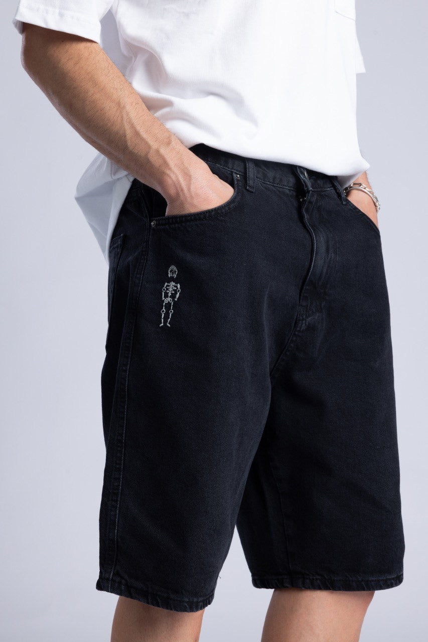 White Pocket T-Shirt with Black Denim Shorts