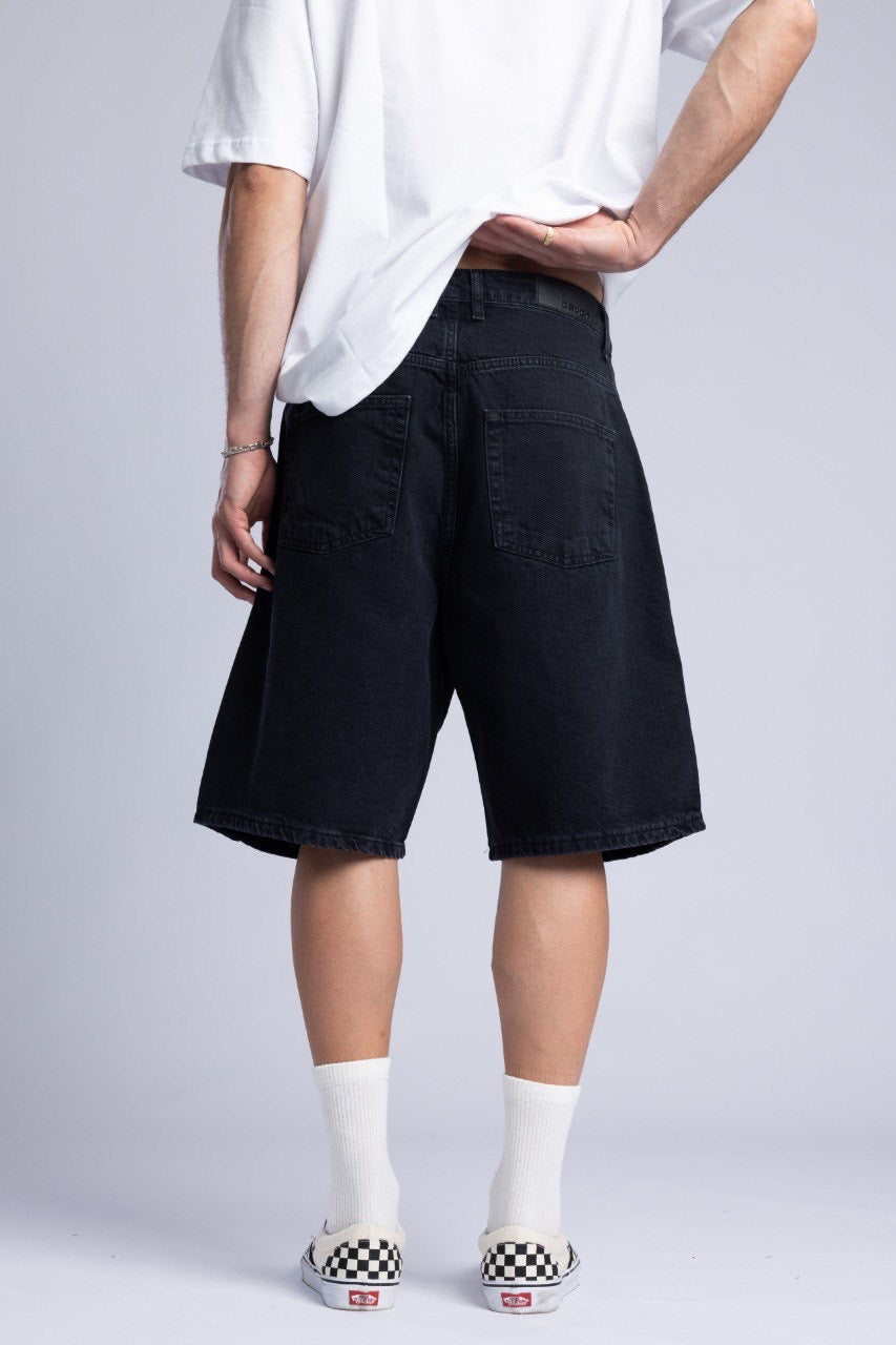 White Pocket T-Shirt with Black Denim Shorts