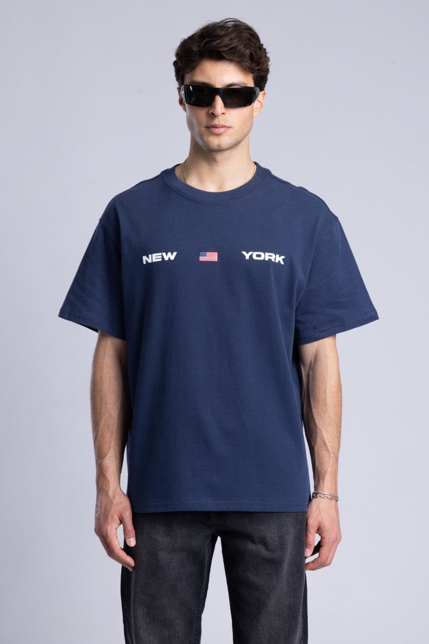 New York Graphic Tee in Navy with Flag Design