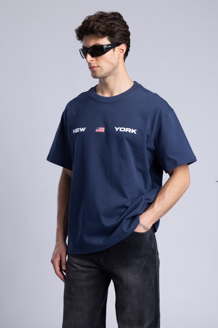 New York Graphic Tee in Navy with Flag Design