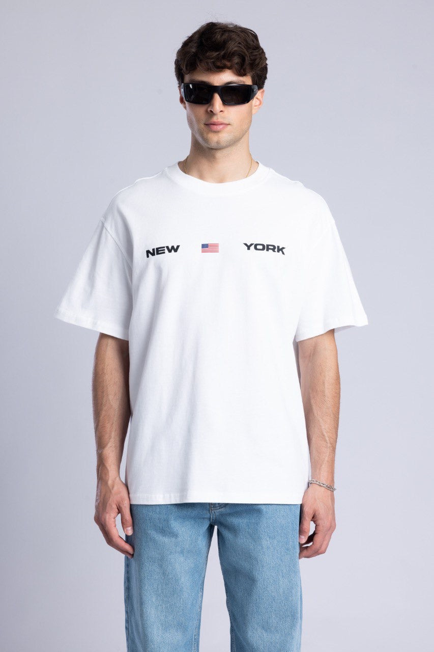 New York Graphic Tee in White with Flag Design