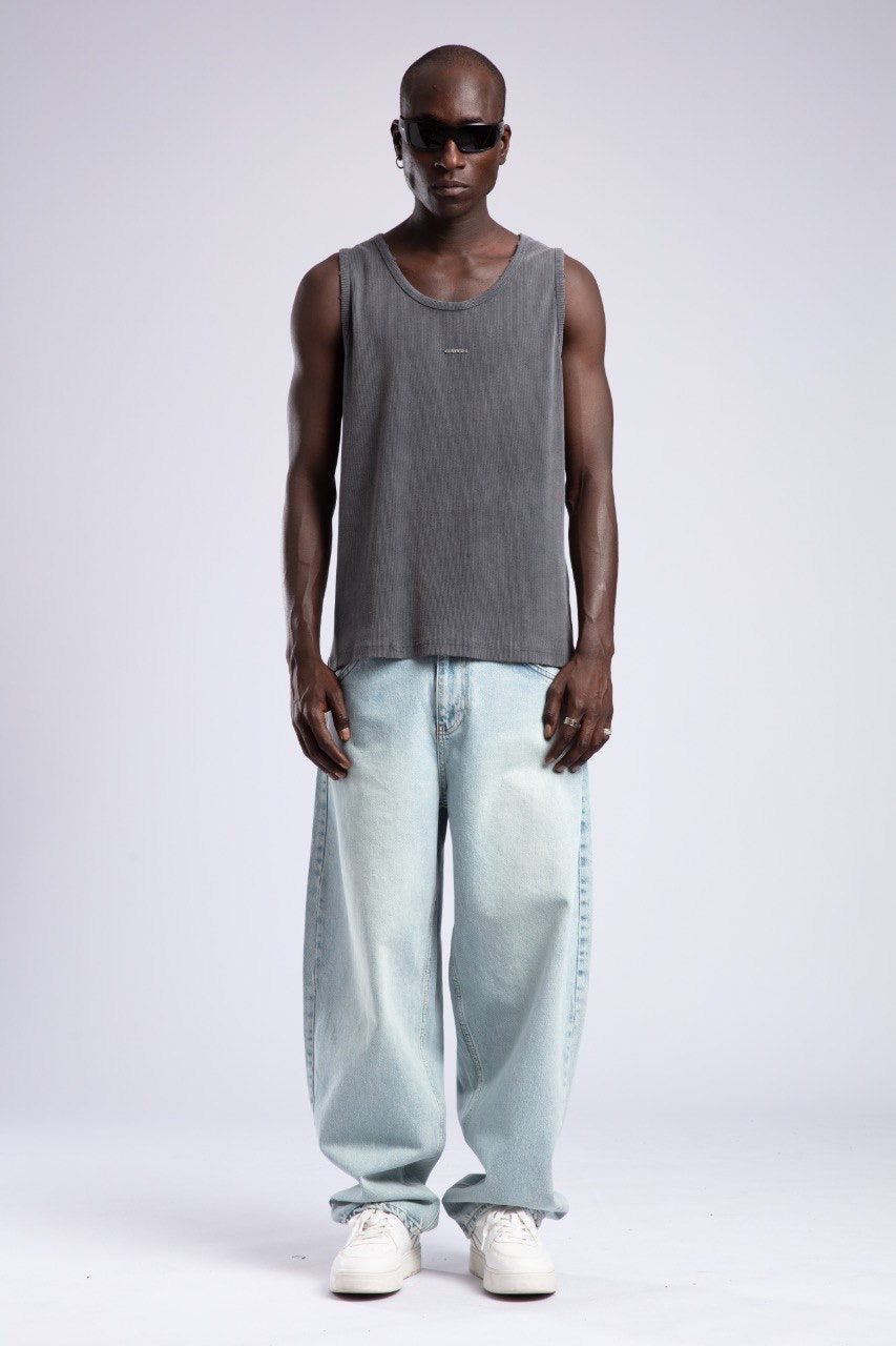 Gray Ribbed Tank Top & Light Baggy Denim Set