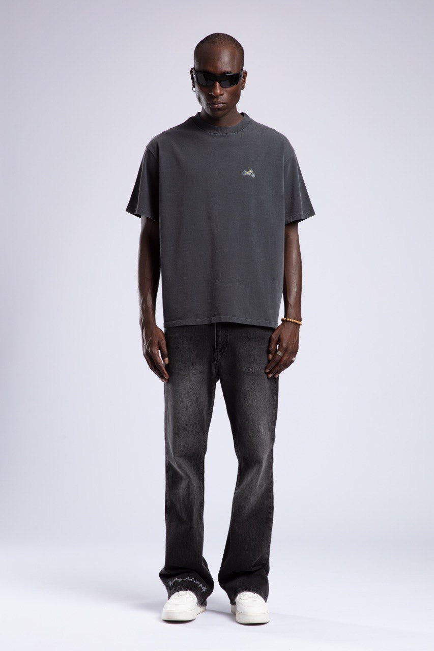 Vintage Black T-Shirt with Minimal Motorcycle Embroidery