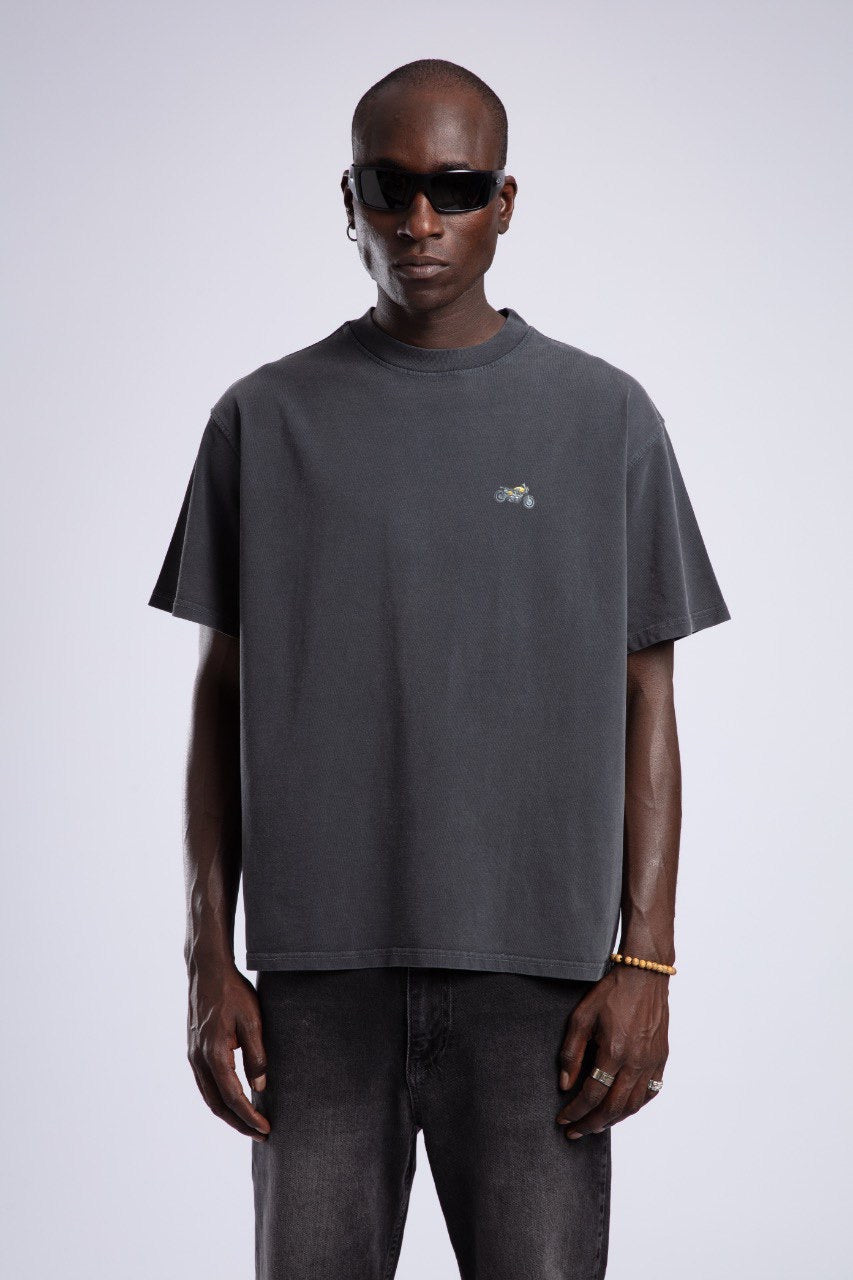 Vintage Black T-Shirt with Minimal Motorcycle Embroidery