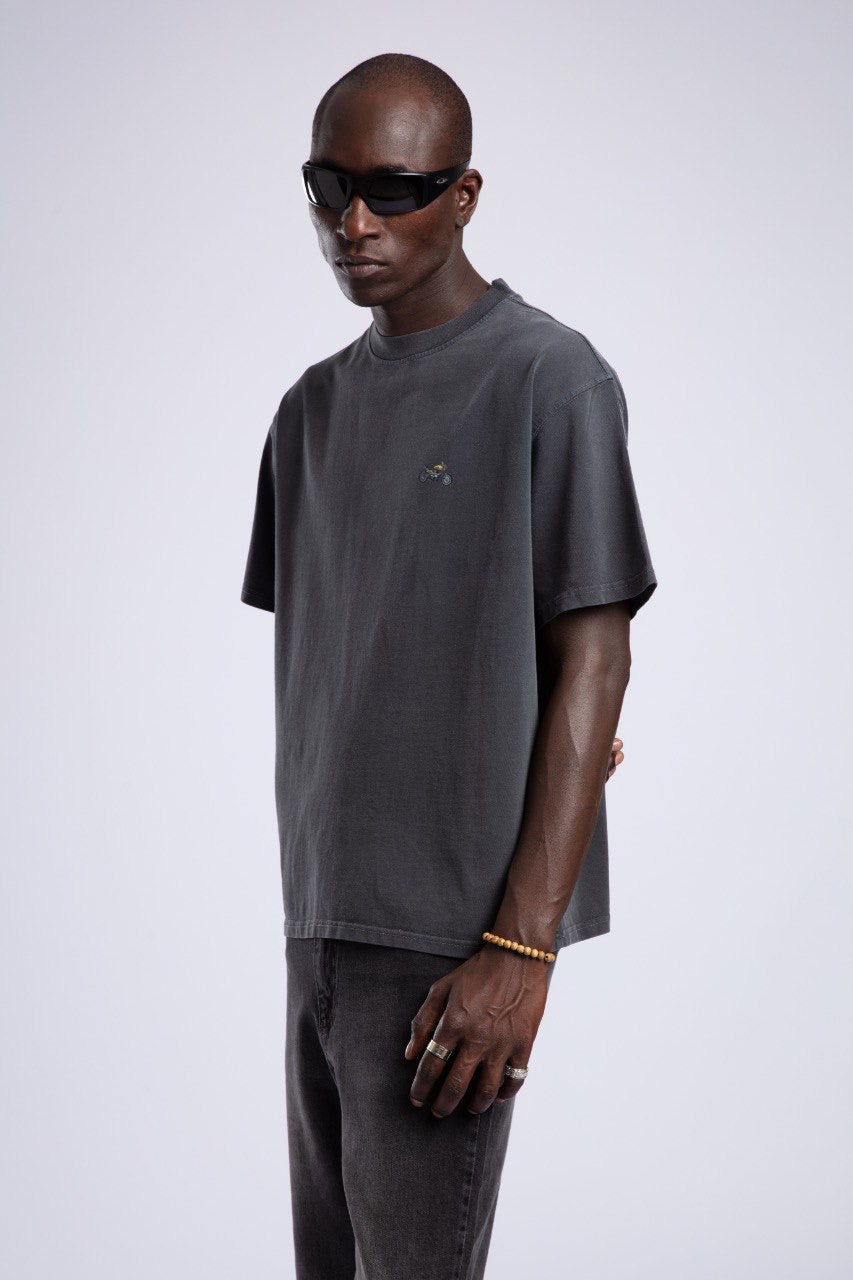 Vintage Black T-Shirt with Minimal Motorcycle Embroidery