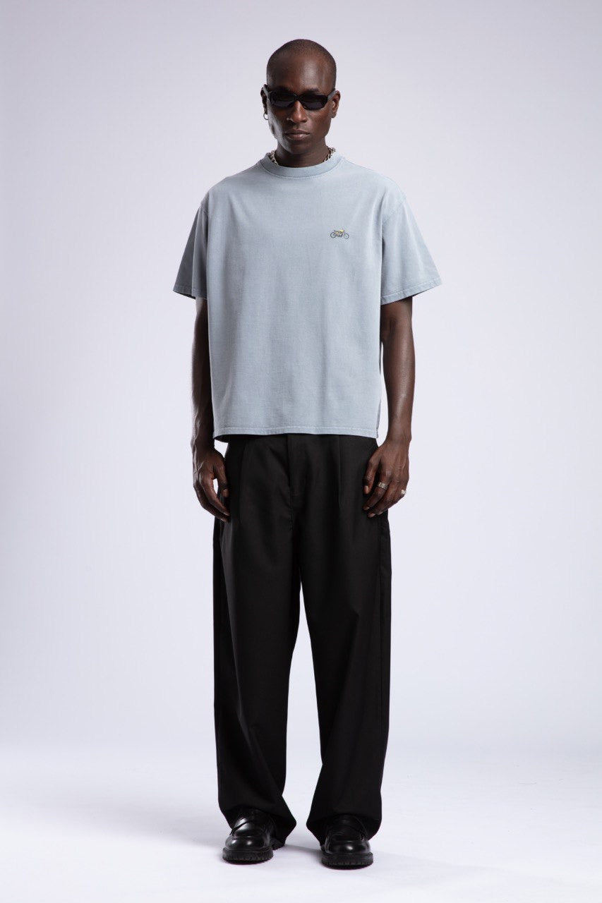 Vintage Blue T-Shirt with Minimal Motorcycle Embroidery