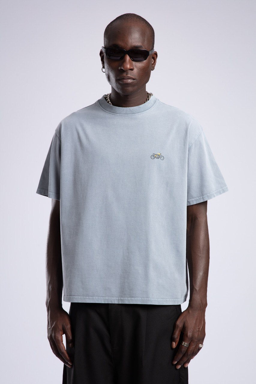 Vintage Blue T-Shirt with Minimal Motorcycle Embroidery