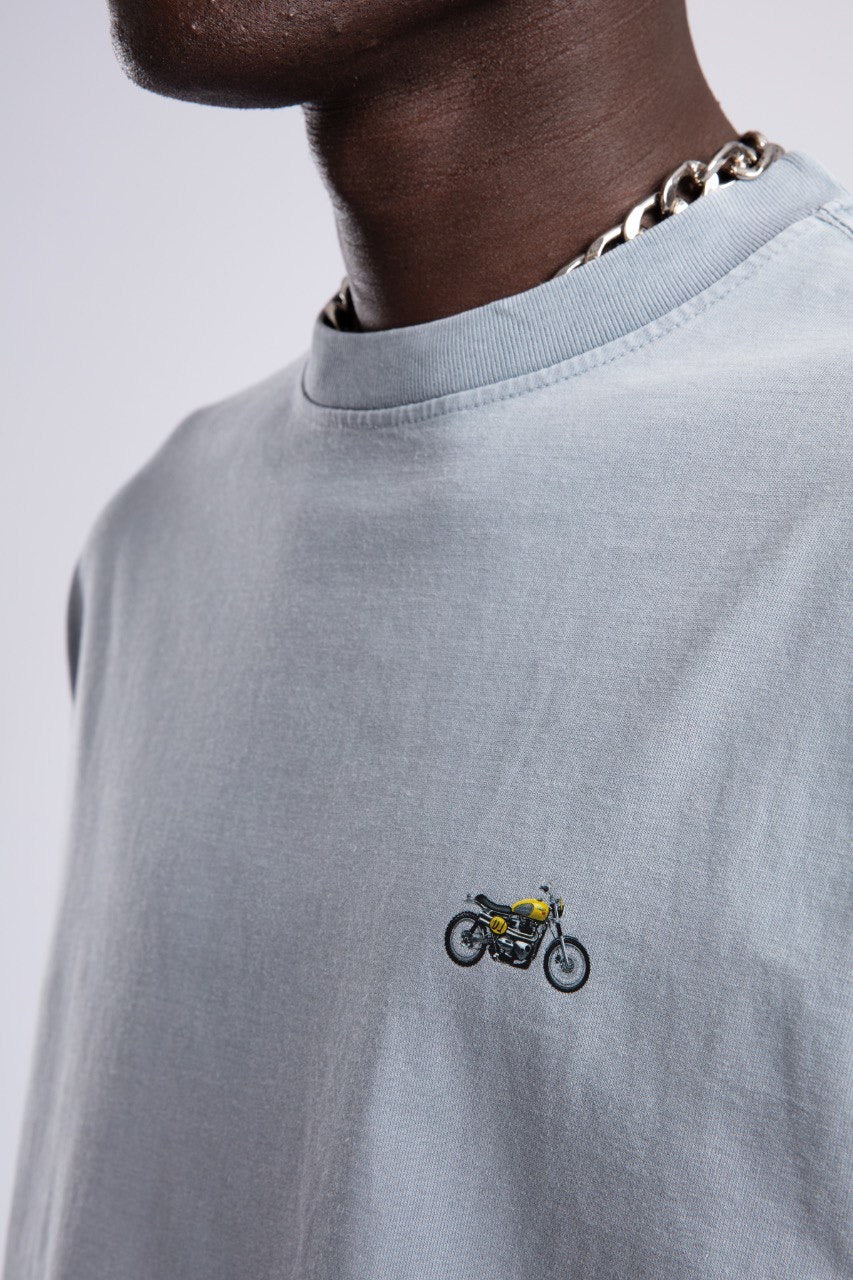 Vintage Blue T-Shirt with Minimal Motorcycle Embroidery