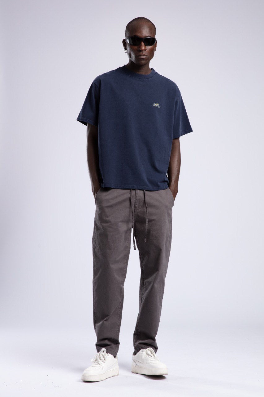 Washed Navy T-Shirt with Minimal Motorcycle Embroidery