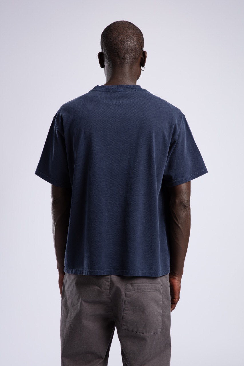 Washed Navy T-Shirt with Minimal Motorcycle Embroidery
