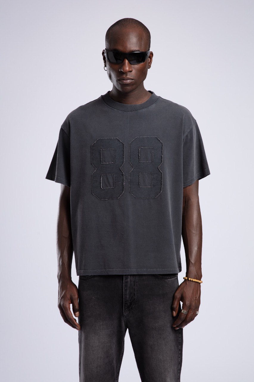 Vintage Black T-Shirt with Bold 88 Patch Design