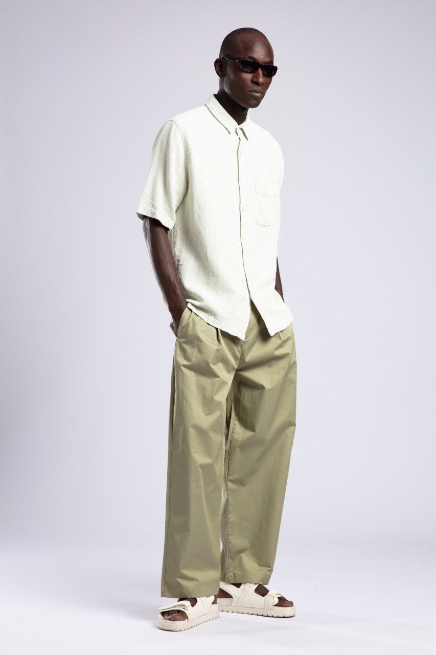 Cream Short Sleeve Shirt & Olive Wide Pants Set