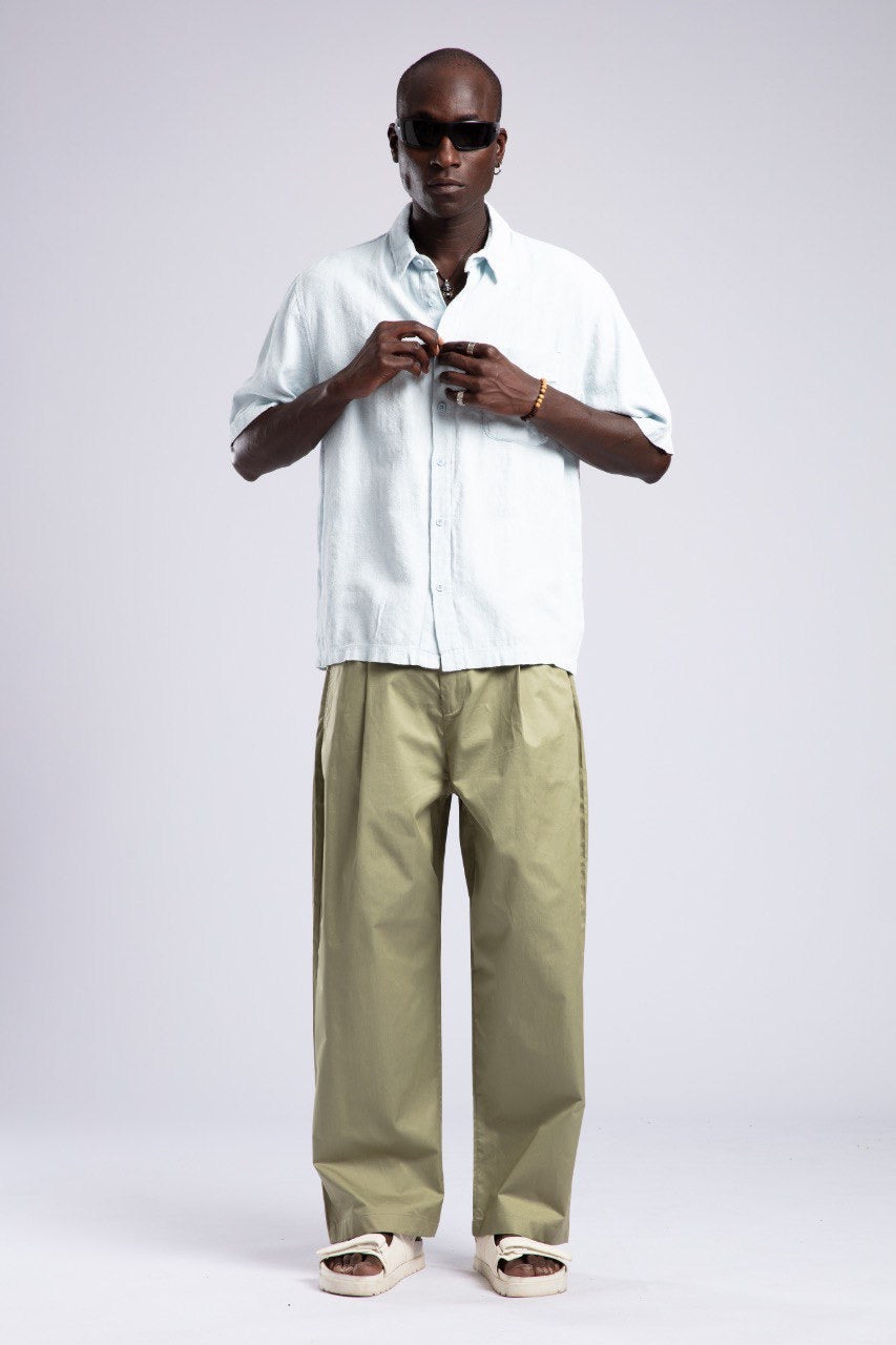 Sky Blue Shirt & Olive Wide-Leg Pants Set