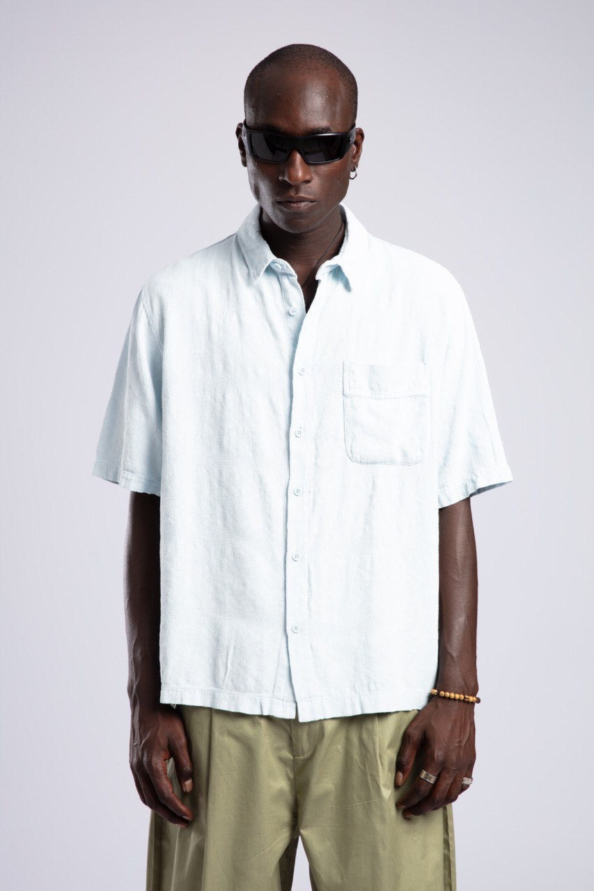 Sky Blue Shirt & Olive Wide-Leg Pants Set