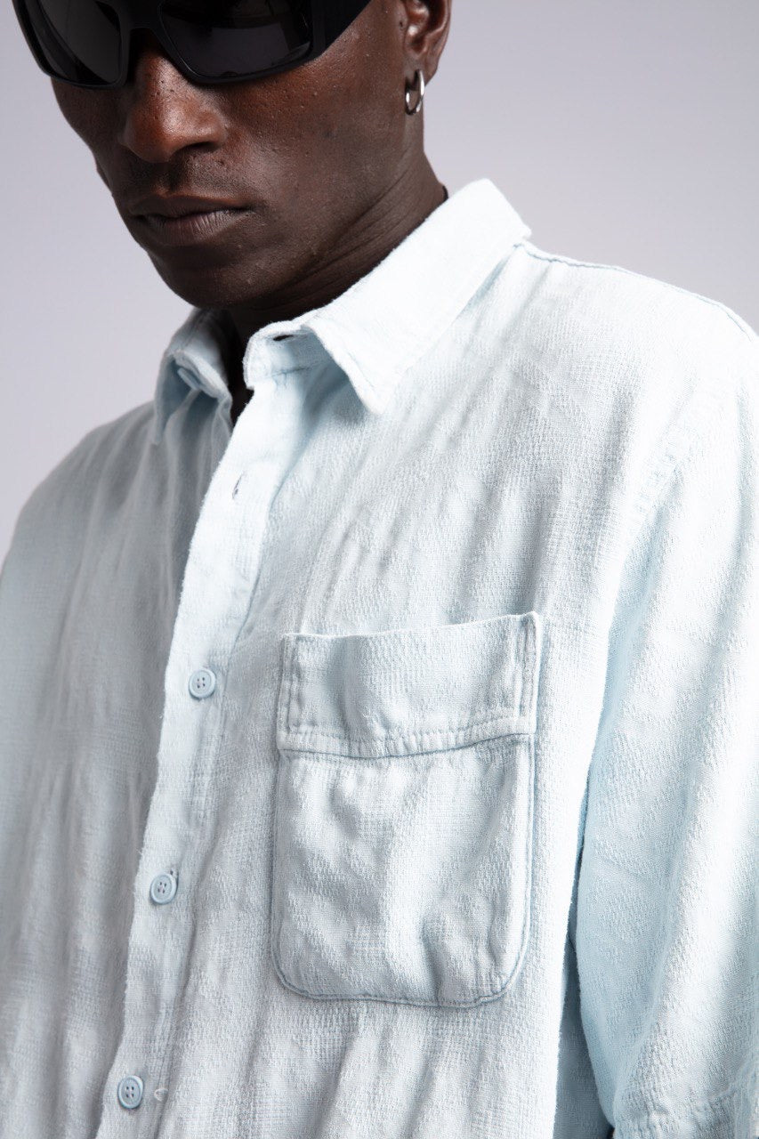 Sky Blue Shirt & Olive Wide-Leg Pants Set