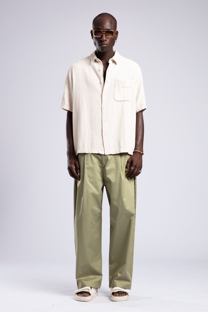 Beige Shirt & Olive Wide-Leg Pants Summer Set