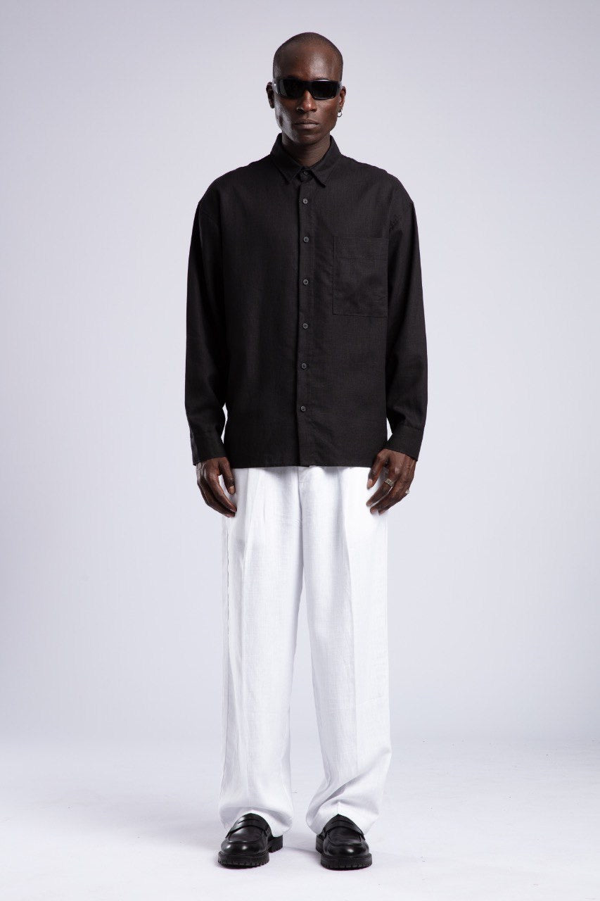 Black Shirt & White Wide-Leg Pants Outfit Set