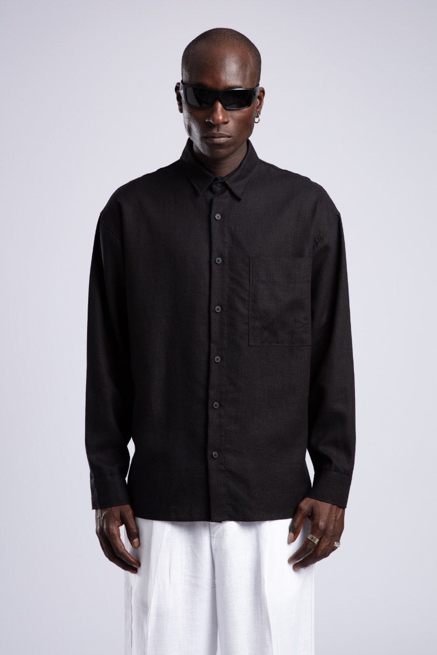 Black Shirt & White Wide-Leg Pants Outfit Set