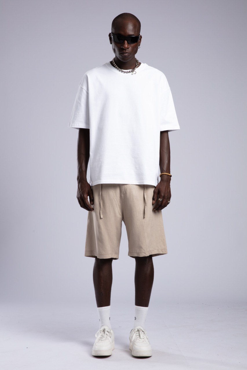 White Oversized Tee & Beige Drawstring Shorts Set