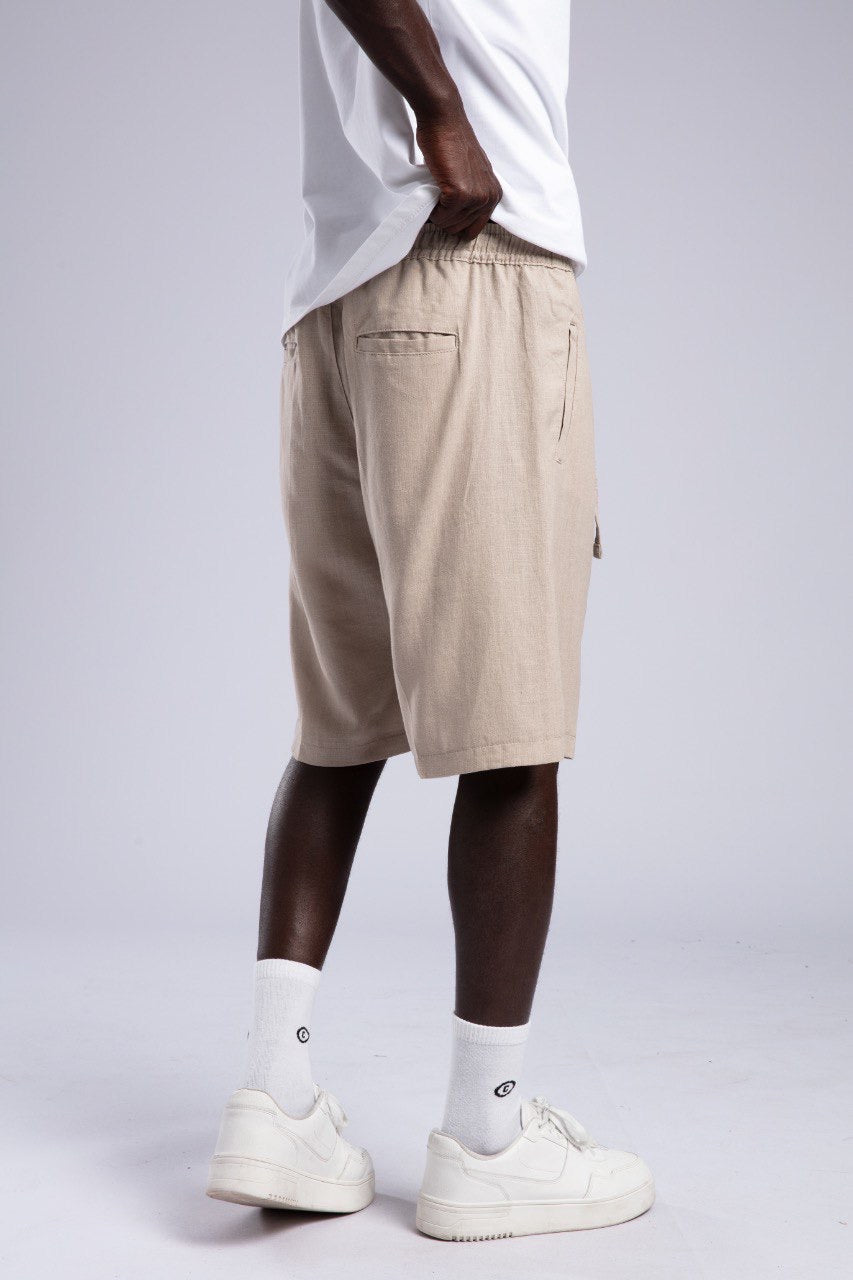 White Oversized Tee & Beige Drawstring Shorts Set