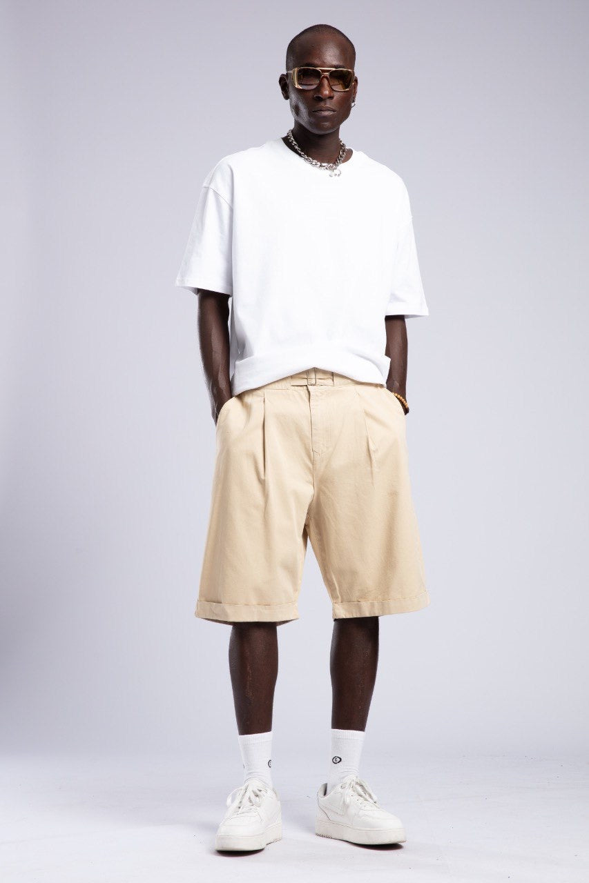 White Oversized Tee & Beige Pleated Shorts Set