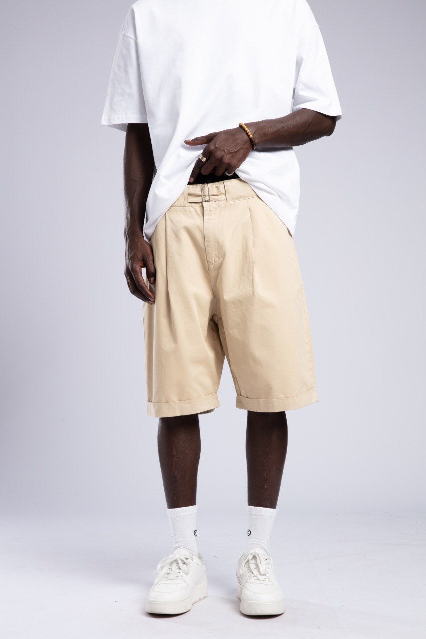 White Oversized Tee & Beige Pleated Shorts Set