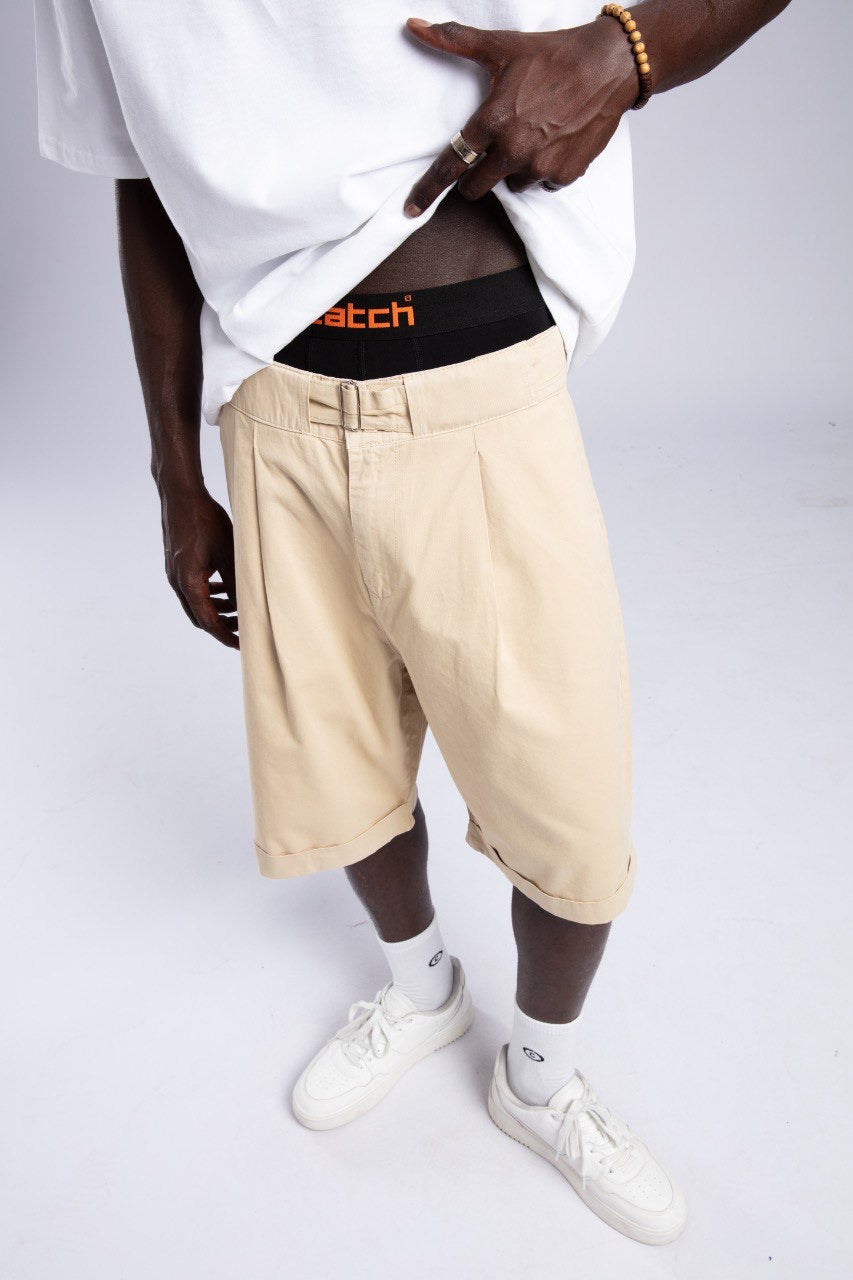 White Oversized Tee & Beige Pleated Shorts Set