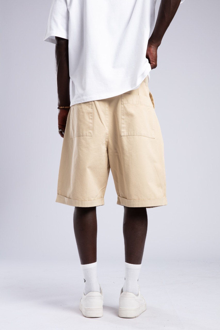 White Oversized Tee & Beige Pleated Shorts Set