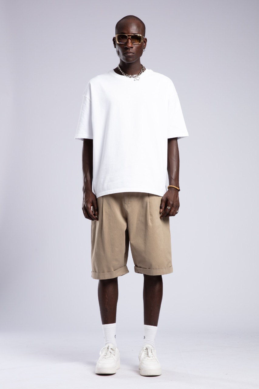 White Oversized Tee & Beige Cargo Shorts Set
